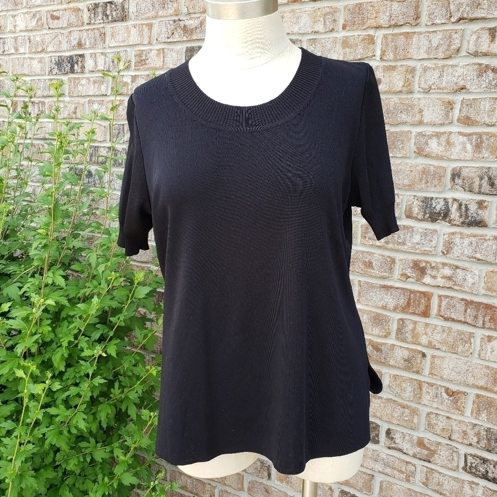 Exclusively Misook Plain Black Short Sleeves Top M